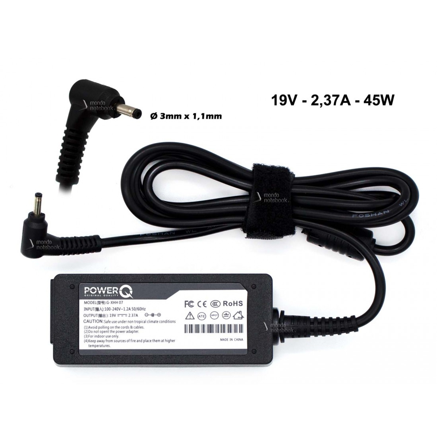 ALIMENTATORE PER NOTEBOOK PowerQ per ASUS ACER SAMSUNG COMPATIBILE 19 Volt - 2.37 Ampere - 45W - 3,0*1,1mm