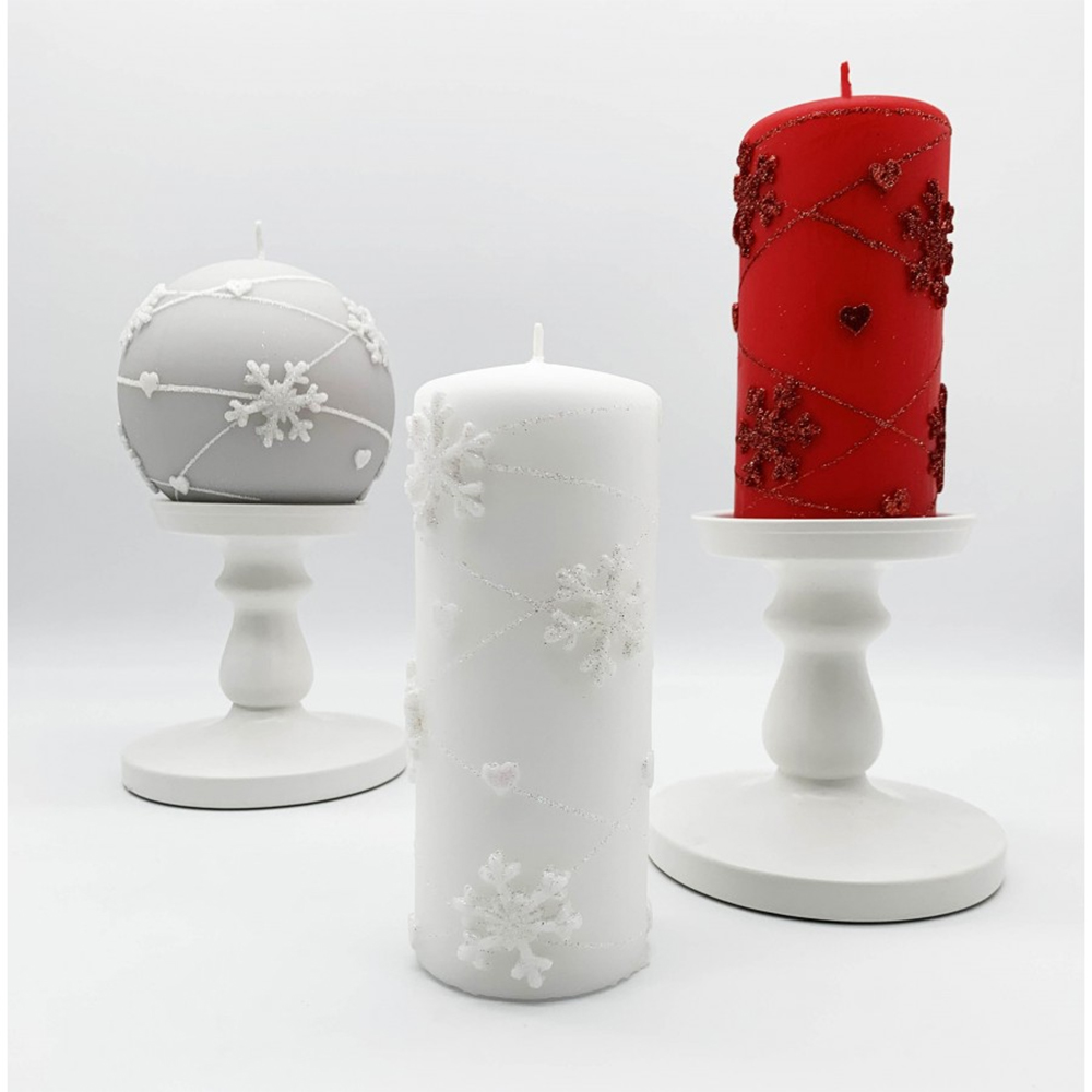CANDELA PROFUMATA KIT FIOCCO DI NEVE- sfera grey, cilindro grande white, cilindro piccolo red - decorazione 3D