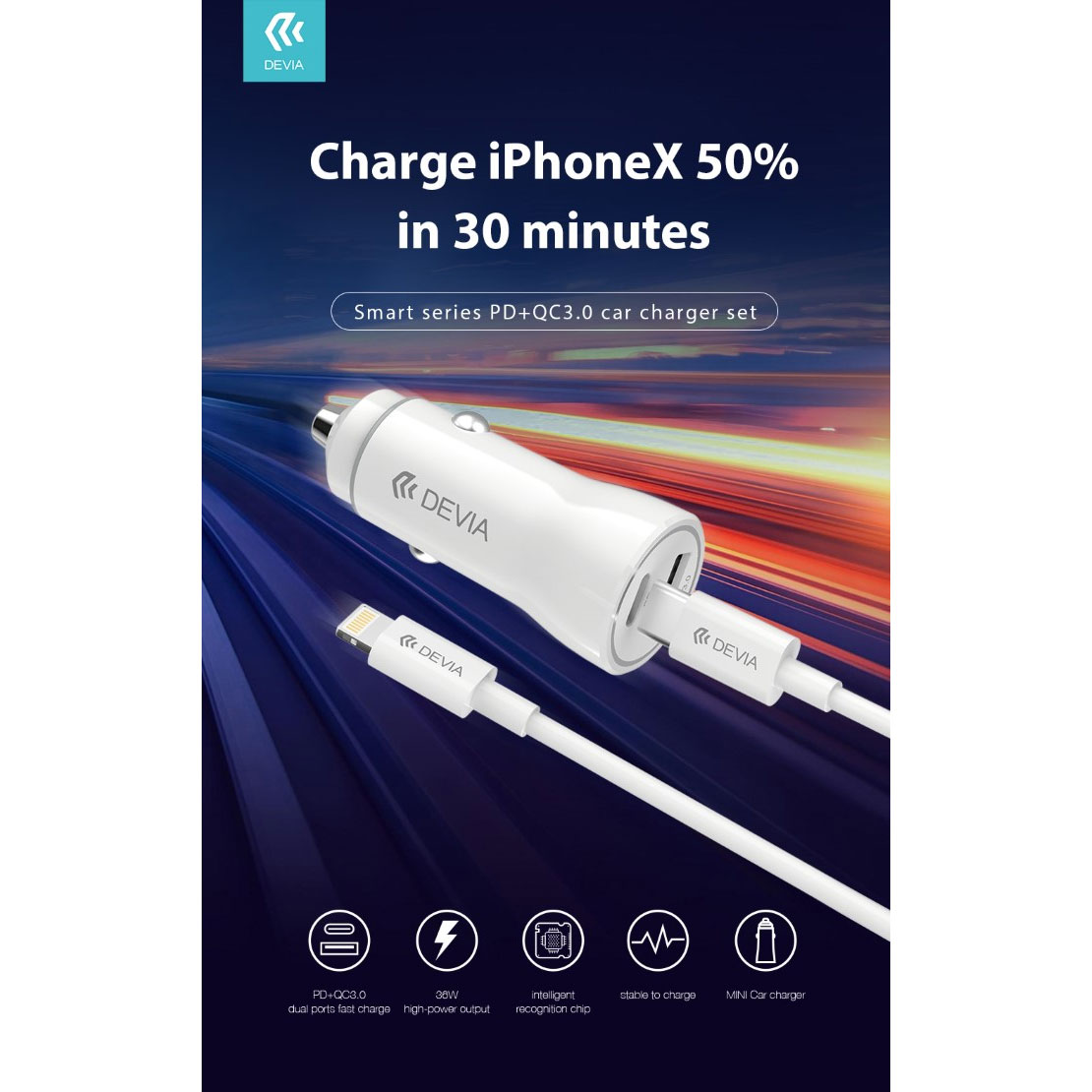 KIT DEVIA DEQC3CS098 CARICABATTERIE DA AUTO PD+QC3.0 5V/3A+ CAVO DATI 1MT USB Type-C/Lightning PER iOS 10 E SUPERIORI COLORE BIANCO
