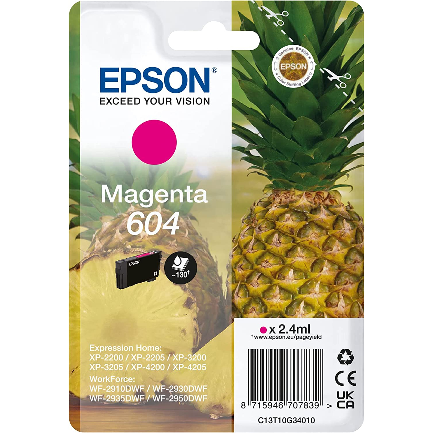 CARTUCCIA EPSON ANANAS 604 C13T10G34010 MAGENTA ORIGINALE Expression Home XP-2200 - XP-2205 - XP-3200 - XP-3205 - XP-4200 - XP-4205  WorkForce WF-2910DWF - WF-2930DWF - WF-2935DWF - WF-2950DWF