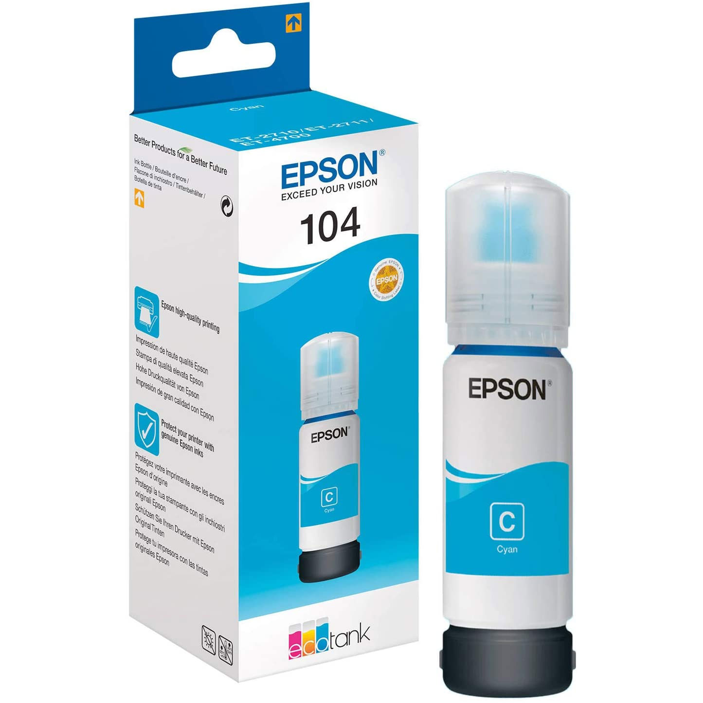 FLACONE DI INCHIOSTRO EPSON 104 ECOTANK C13T00P240 CIANO ORIGINALE 65ml ET-2710, ET-2711, ET-2712, ET-2714, ET-2715, ET-2720, ET-2721, ET-2726, ET-4700