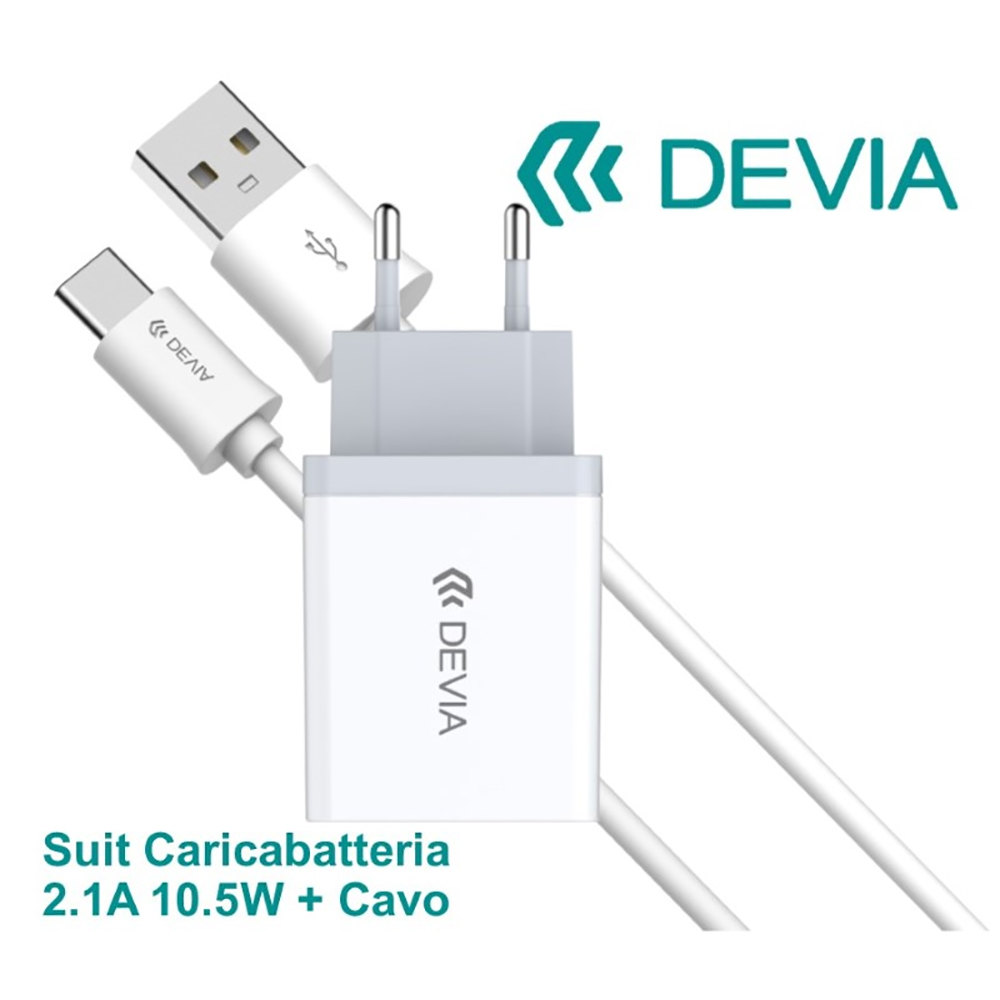 KIT DEVIA DESC21C293W CARICABATTERIE 2.1A (10.5W) FAST CHARGE + CAVO DATI 1MT ANDROID "Type-C" V3 COLORE BIANCO