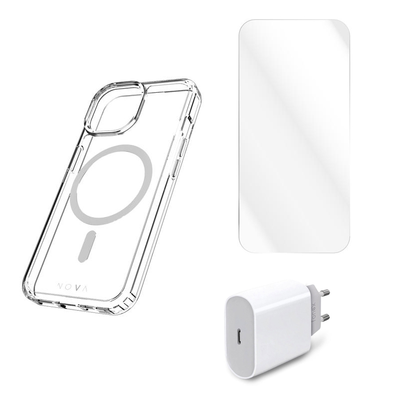 KIT ESSENTIAL PER IPHONE 15 PRO ( CUSTODIA + VETO TEMPERATO + CARICABATTERIA )