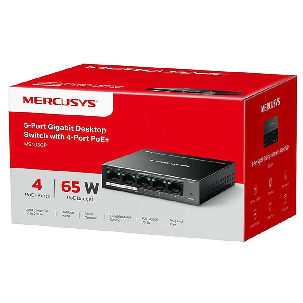 SWITCH DESKTOP DI RETE MERCUSYS MS105GP 5-Port 10/100/1000Mbps (4  PoE+ 65 W)