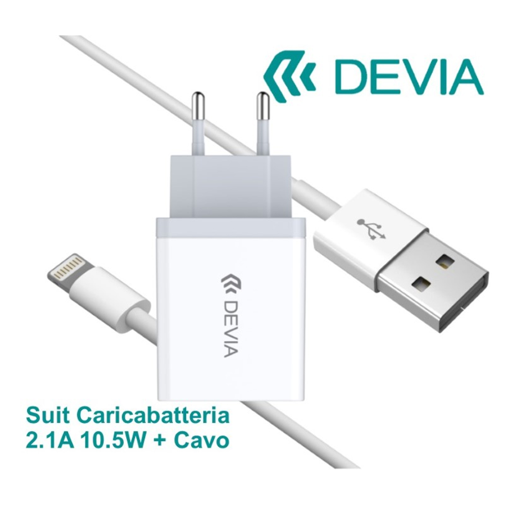 KIT DEVIA DESC21L363W CARICABATTERIE 2.1A (10.5W) FAST CHARGE + LIGHTNING PER iOS COLORE BIANCO
