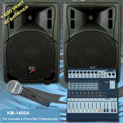 IMPIANTO KARAOKE E PIANO BAR PROFESSIONALE 2 CASSE BI-AMPLIFICATE 1400W + 1 MICROFONO PROFESSIONALE + 1 MIXER PASSIVO 8 CANALI DSP EFFETTI VOCE + CAVI (KM-1400A)