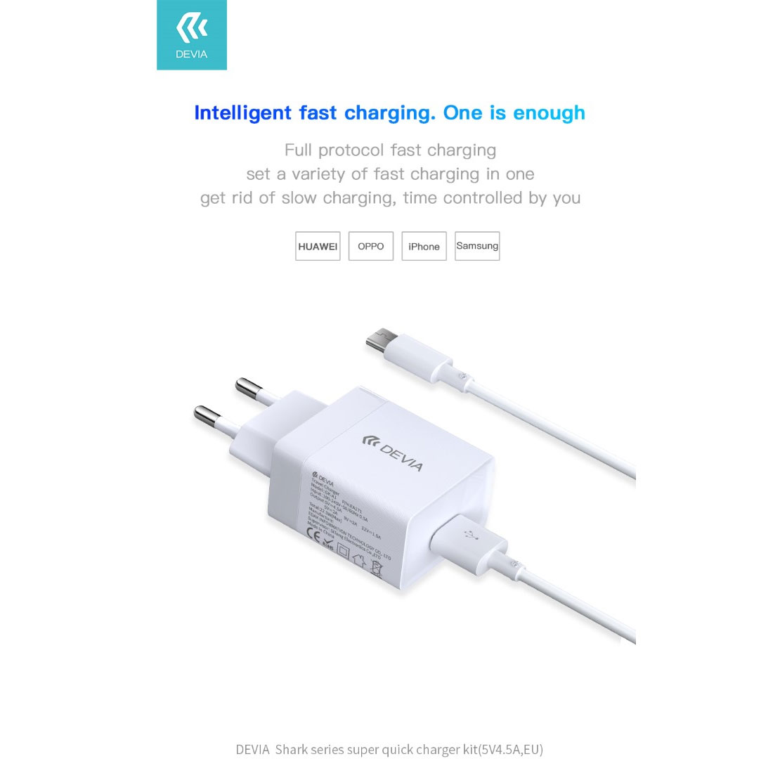 KIT DEVIA DECHG5C722W CARICABATTERIE SHARK  USB 4.5A (5V - 22.5W) INTELLIGENT SUPER CHARGE + CAVO DATI 1MT ANDROID "Type-C" COLORE BIANCO