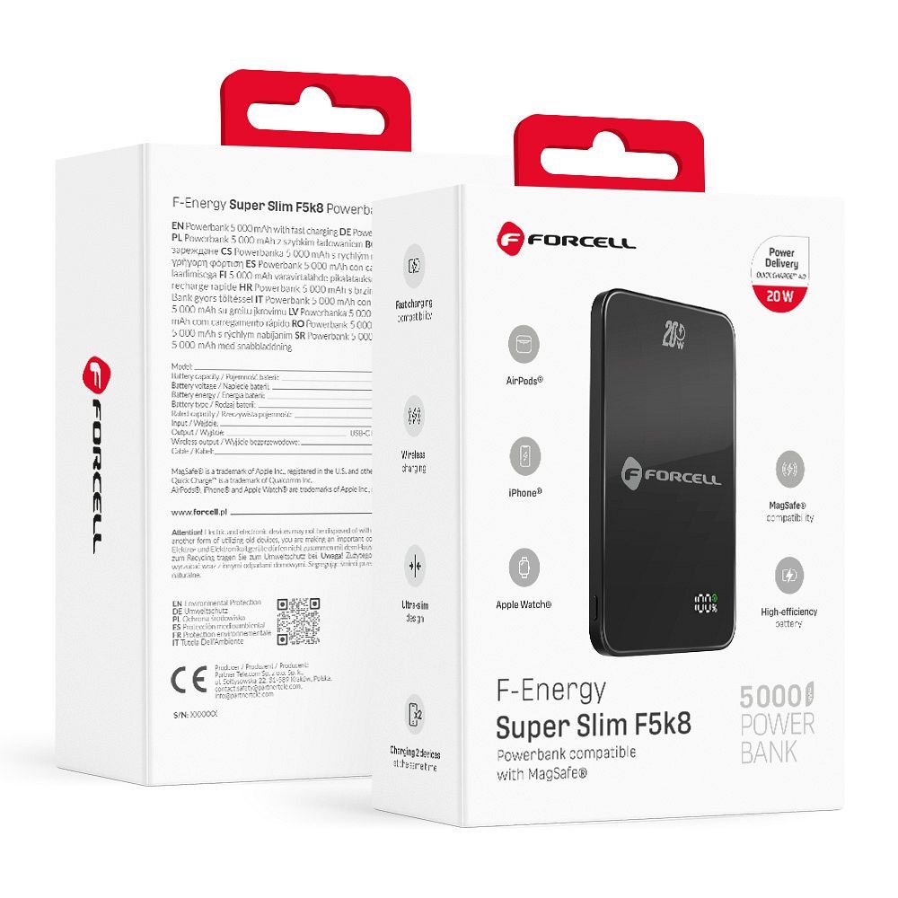 POWER BANK CON MagSafe Forcell F-Energy SuperSlim F5K8 QC4.0 PD3.0 15W 5000mAh COLORE BLACK