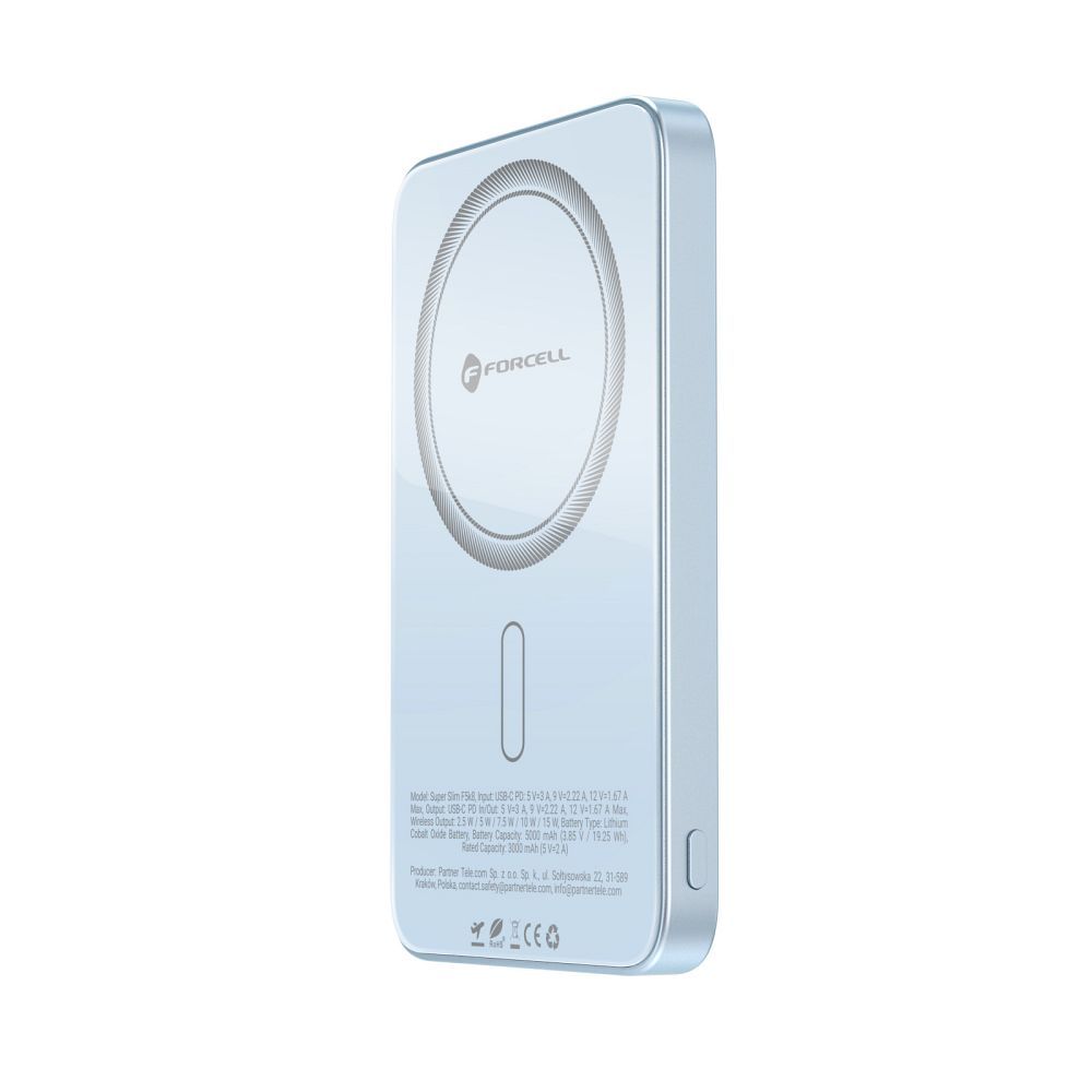 POWER BANK CON MagSafe Forcell F-Energy SuperSlim F5K8 QC4.0 PD3.0 15W 5000mAh COLORE AZZURRO