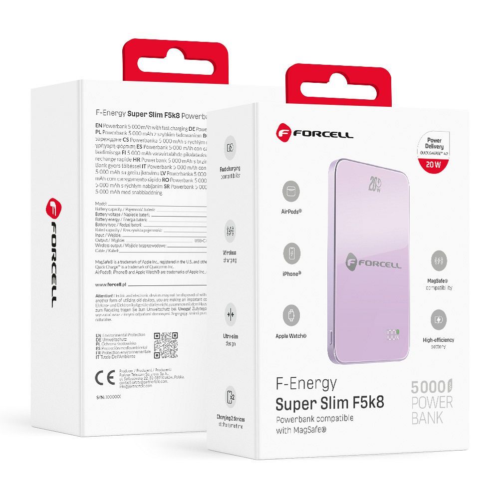 POWER BANK CON MagSafe Forcell F-Energy SuperSlim F5K8 QC4.0 PD3.0 15W 5000mAh COLORE VIOLA