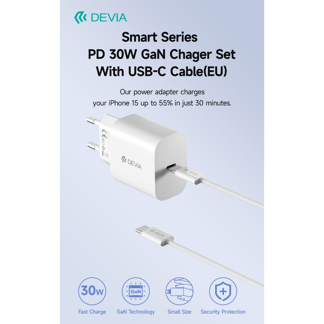 KIT DEVIA DECHGPC800W CARICABATTERIE RAPIDO PD GaN (5V - 3A - 30W) Type-C + CAVO DATI 1MT "Type-C - Type-C" COLORE BIANCO