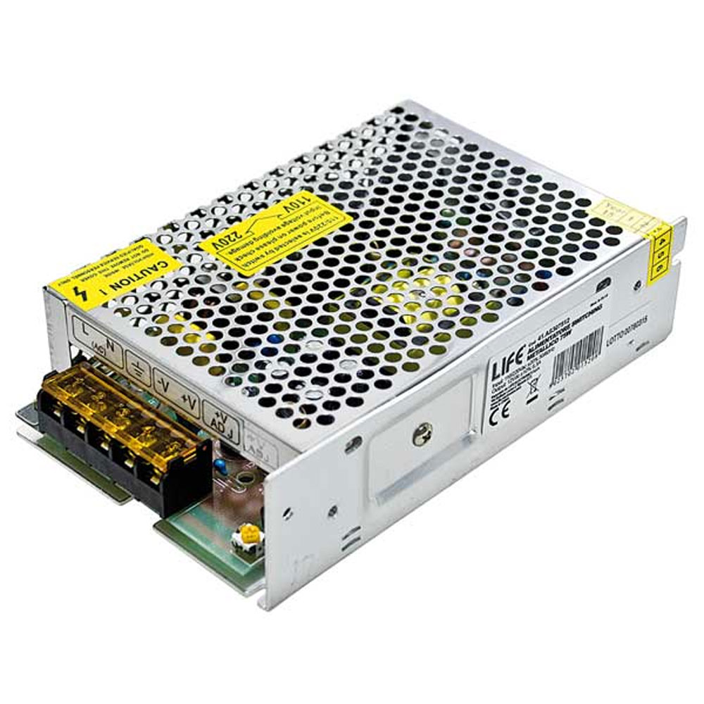 ALIMENTATORE SWITCHING CONTENITORE METALLICO Serie 3, 12V 6,3A 75W INPUT 110/220Vac +/-10%, 158x98x40mm