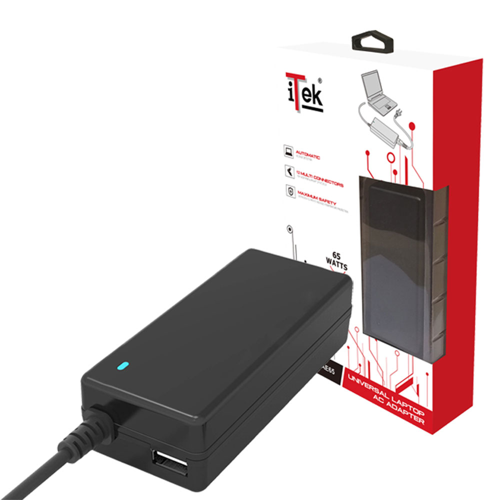 ALIMENTATORE ITEK ITNBAE65 UNIVERSALE PER NOTEBOOK 65W + USB 5V1A VOLTAGGIO AUTOMATICO 15/20VDC - 12 CONNETTORI