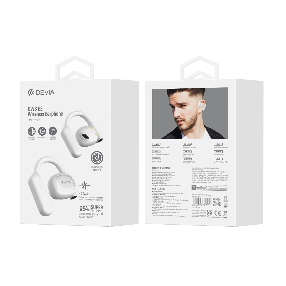 AURICOLARE BLUETOOTH HEADSET 5.3 DEVIA STAR TWS-OWS E2 EM043 PADIGLIONI IN-EAR COLORE BIANCO PER Computer, Smartphone, Tablet