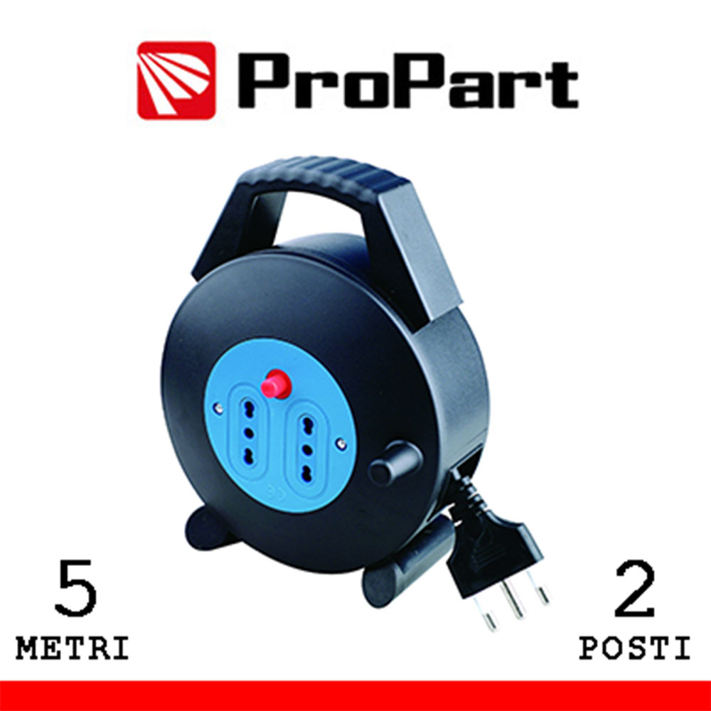 PROLUNGA AVVOLGICAVO ELETTRICO CON 2 PRESE BIPASSO 10/16A 2P+T CON MANICO IN PLASTICA SPINA 2P+T 16A + INTERRUTTORE PROTEZIONE TERMICA - RIAVVOLGIBILE 5MT