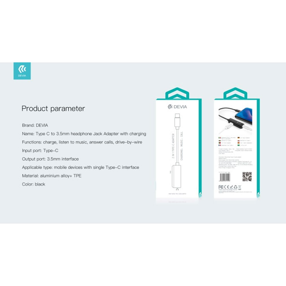 ADATTATORE DEVIA DA TYPE-C A JACK 3,5" CONNESSIONE AURICOLARI - PER DISPOSITIVI HUAWEI E XIAOMI