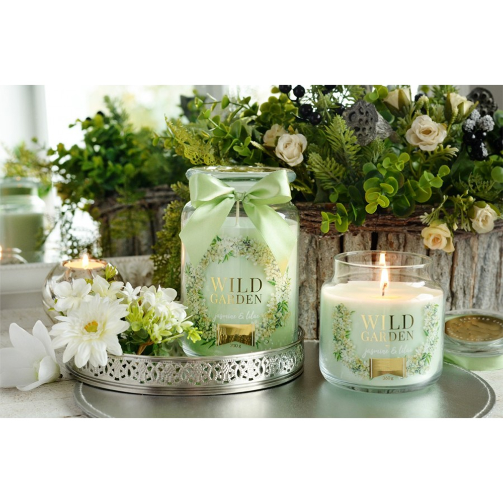 CANDELA PROFUMATA GIARA PICCOLA MINT GELSOMINO E LILLA 400gr profumazione florale 80h durata