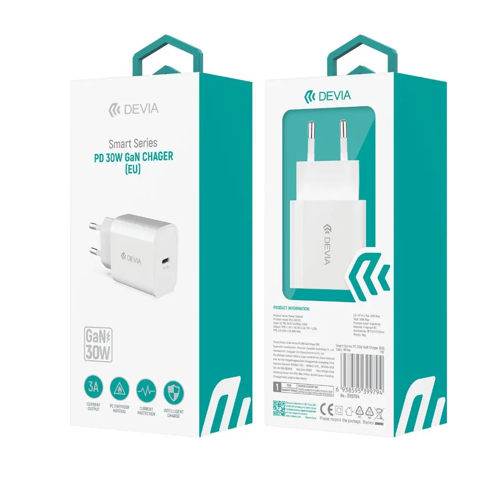 CARICABATTERIA DEVIA RCE-3005CL SUPER RAPIDO PD 30W GaN (5V - 3A - 30W) Type-C COLORE BIANCO