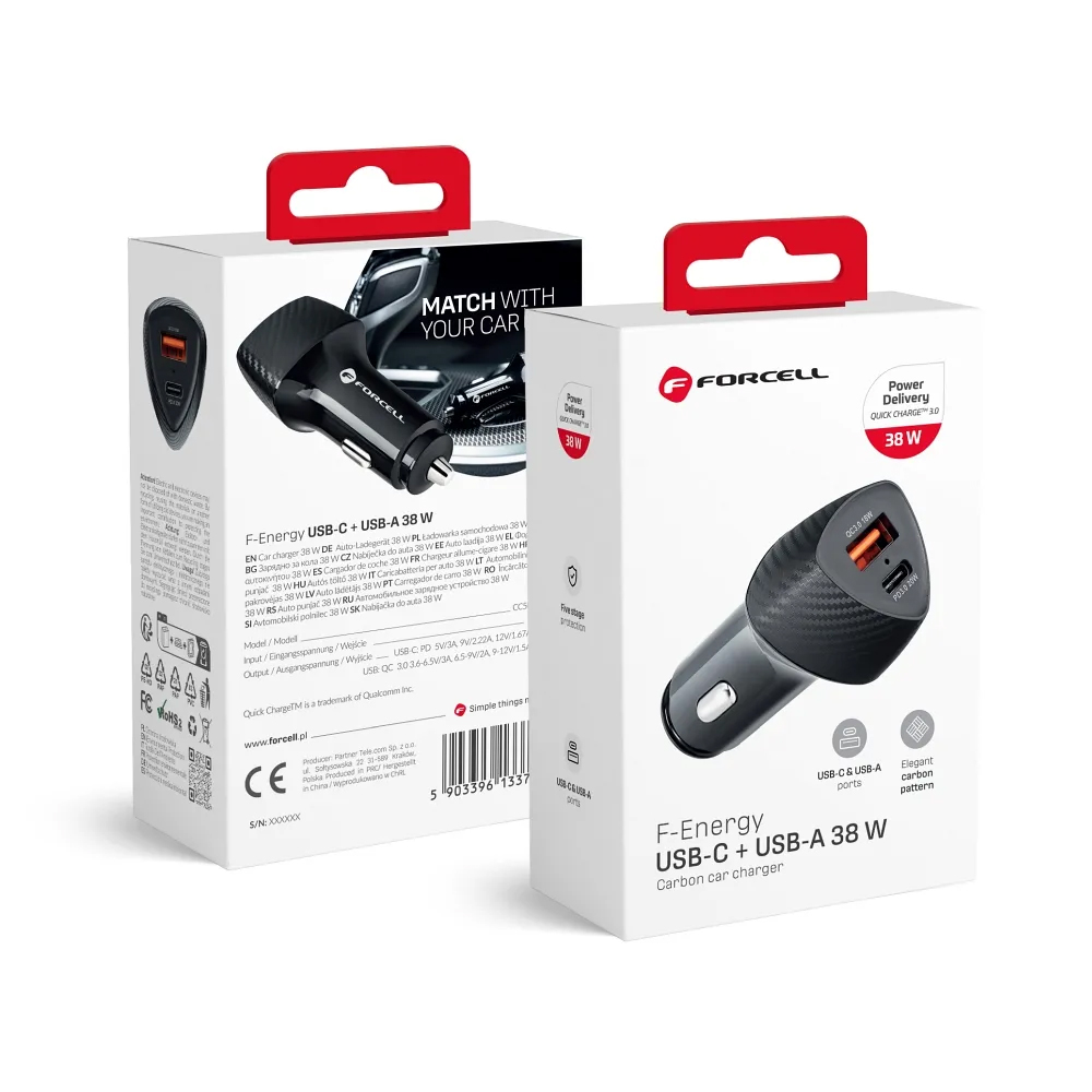 CARICABATTERIE DA AUTO FORCELL CARBON CC50-1A1C 1x USB Type-C 3.0 PD20W + 1x USB-A QC3.0 18W 5A (TOTALE 38W)  PER TABLET, SMARTPHONE