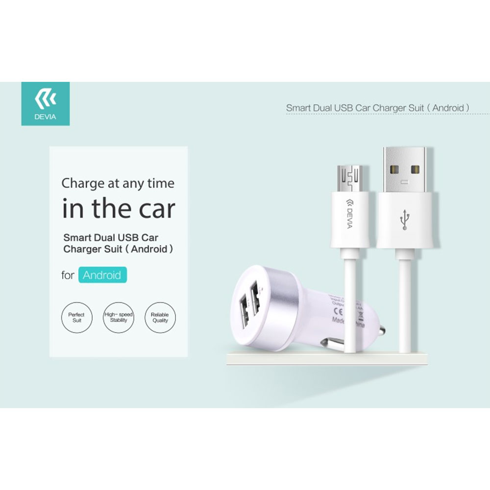 KIT DEVIA DESCA984W CARICABATTERIE DA AUTO 2.1A(MAX) 2xUSB + CAVO DATI 1MT ANDROID Micro USB COLORE BIANCO