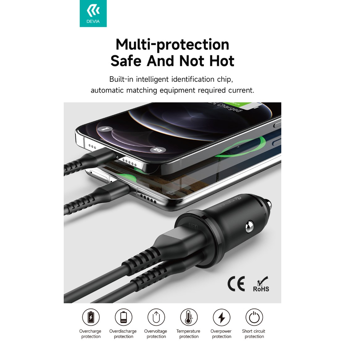 CARICABATTERIE DA AUTO DEVIA 30W 2 Uscite (1 x USB 18w - 1 x Type-C 23w) PD + QC 3.0 PER TABLET, SMARTPHONE