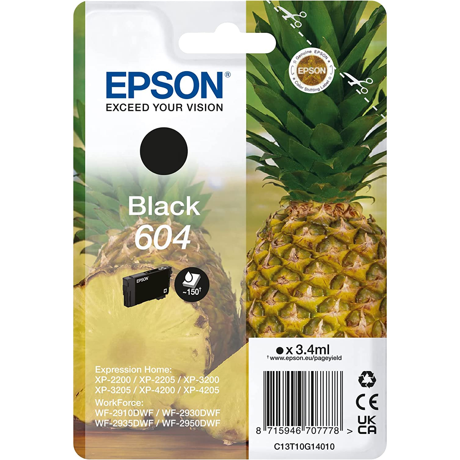 CARTUCCIA EPSON ANANAS 604 C13T10G14010 NERO ORIGINALE Expression Home XP-2200 - XP-2205 - XP-3200 - XP-3205 - XP-4200 - XP-4205  WorkForce WF-2910DWF - WF-2930DWF - WF-2935DWF - WF-2950DWF