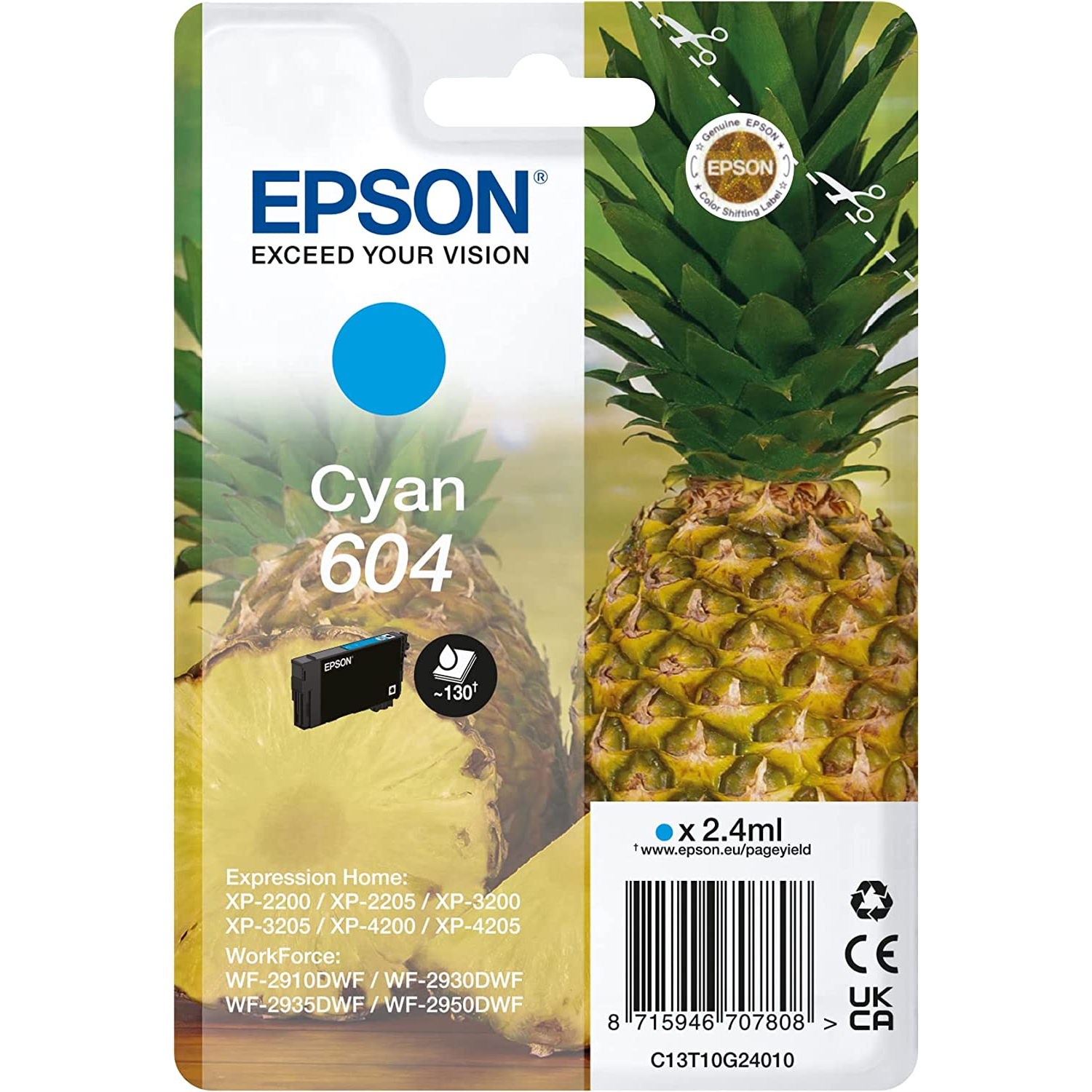 CARTUCCIA EPSON ANANAS 604 C13T10G24010 CIANO ORIGINALE Expression Home XP-2200 - XP-2205 - XP-3200 - XP-3205 - XP-4200 - XP-4205  WorkForce WF-2910DWF - WF-2930DWF - WF-2935DWF - WF-2950DWF