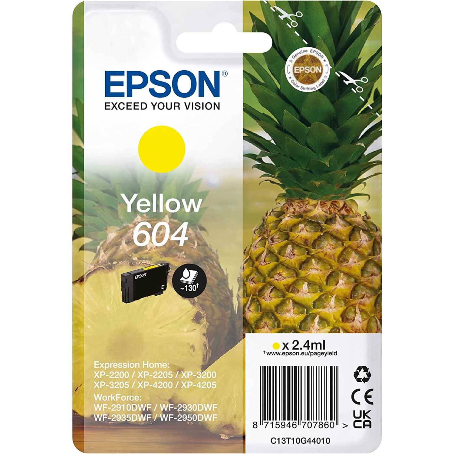 CARTUCCIA EPSON ANANAS 604 C13T10G44010 GIALLO ORIGINALE Expression Home XP-2200 - XP-2205 - XP-3200 - XP-3205 - XP-4200 - XP-4205  WorkForce WF-2910DWF - WF-2930DWF - WF-2935DWF - WF-2950DWF