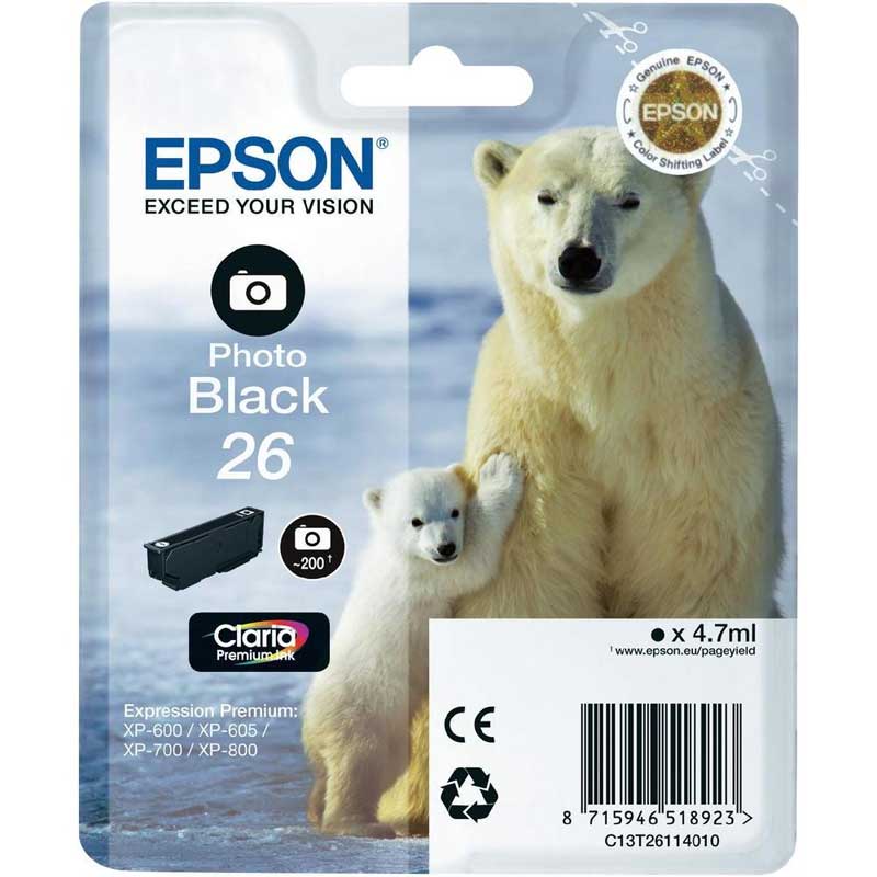 CARTUCCIA INK-JET EPSON BLACK FOTOGRAFICO ORSO POLARE 26 ORIGINALE C13T26114010 Expression Premium XP-600, XP-605, XP-700, XP-800