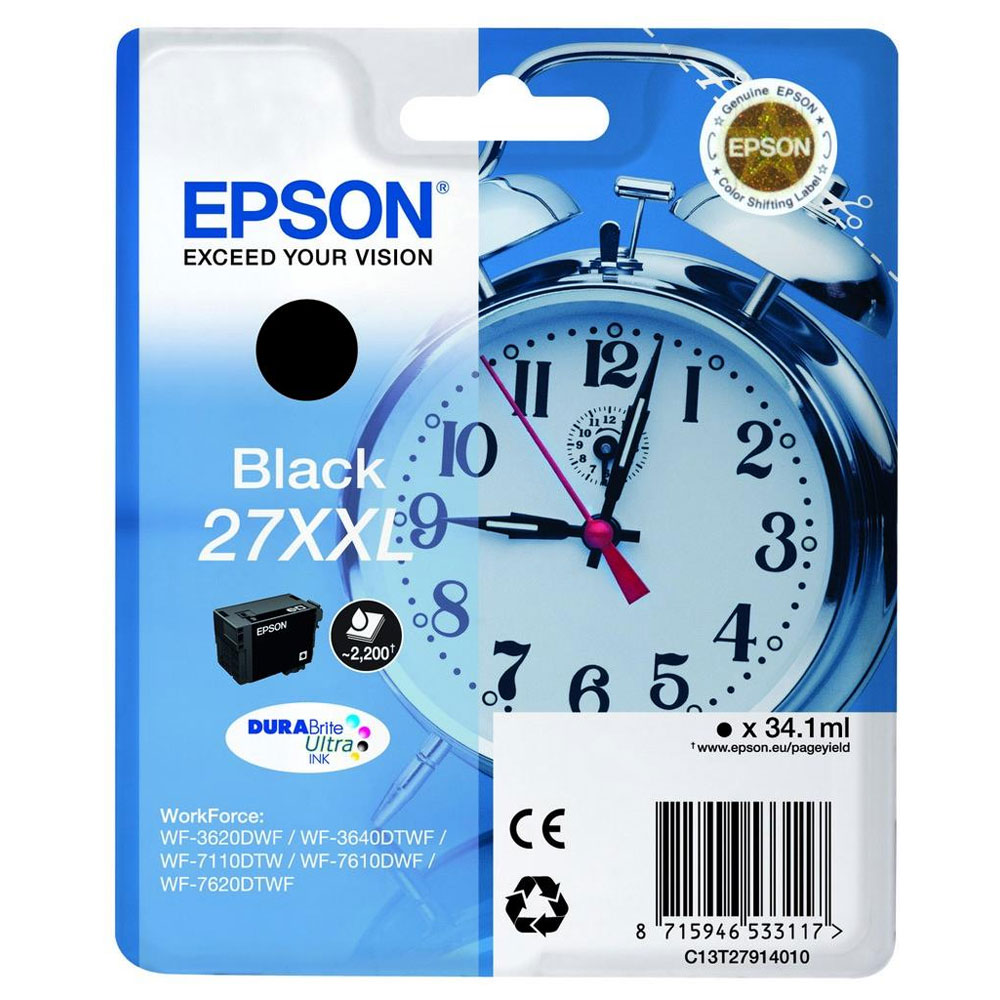 CARTUCCIA EPSON SVEGLIA 27XXL C13T27914020 BLACK ORIGINALE EWorkForce WF-3620DWF - WF-3640DTWF - WF-7110DTW - WF-7610DWF - WF-7620DTWF