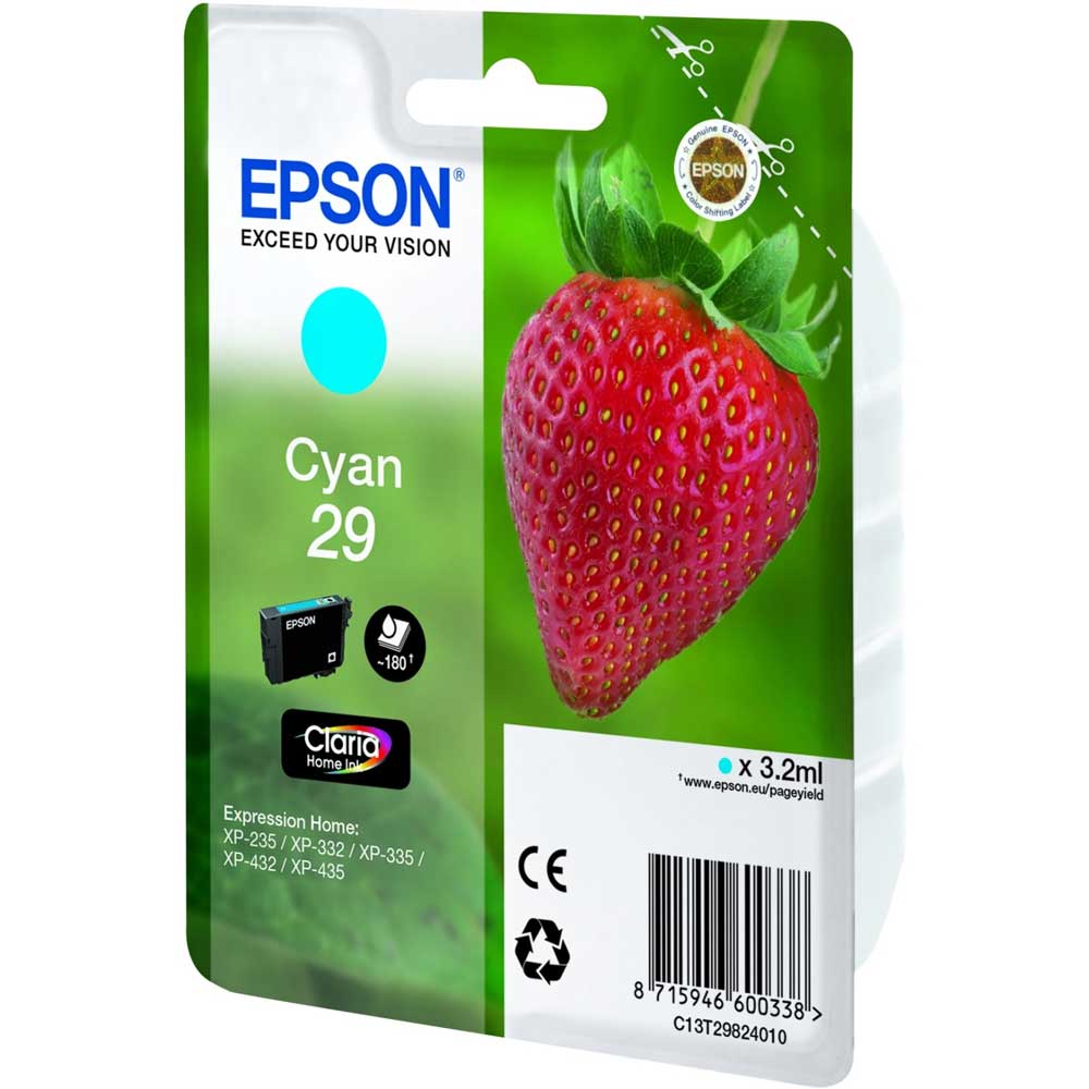 CARTUCCIA EPSON FRAGOLA 29 C13T2982401 CIANO ORIGINALE Expression Home XP-235 - XP-332 - XP-335 - XP-432 - XP-435