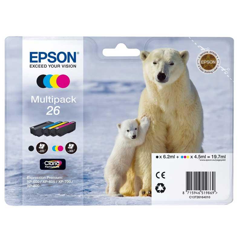 CARTUCCIA INK-JET EPSON MULTIPACK B-C-M-Y ORSO POLARE 26 ORIGINALE C13T26164010 Expression Premium XP-600, XP-605, XP-700, XP-800
