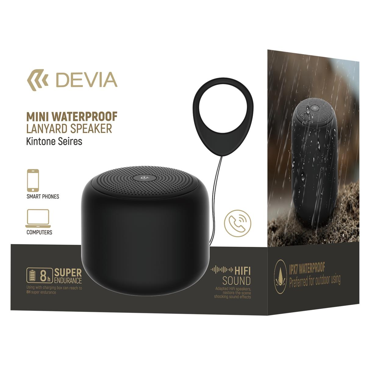 SPEAKER BLUETOOTH V5.0 MINI WATERPROOF IPX7 DEVIA Kintone BT2602 5W RMS IN SILICONE PER PC - NOTEBOOK - TABLET - SMARTPHONE CON BATTERIA Li-ion COLORE NERO