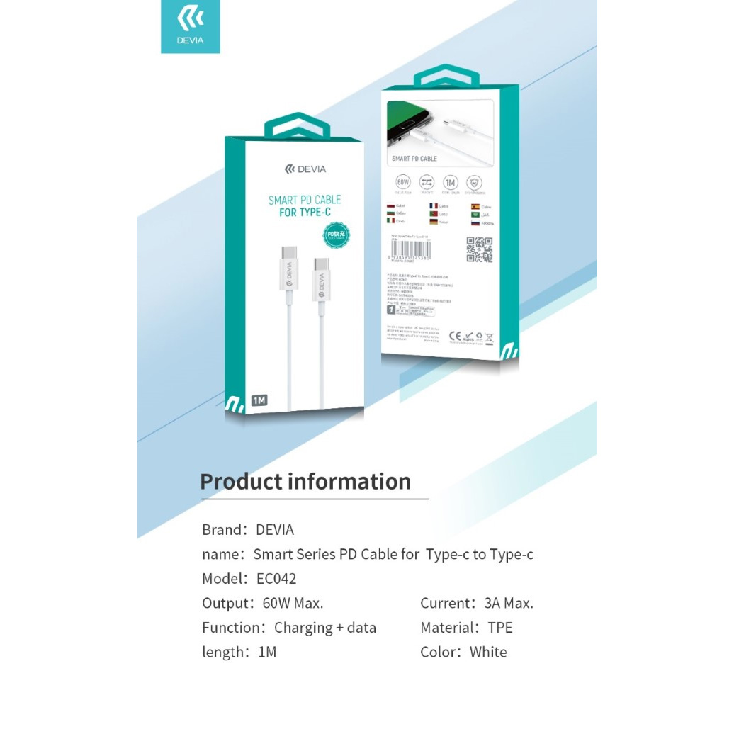 CAVO DATI E CARICA SUPER RAPIDO DEVIA PD 60W Type-C -  Type-C 1.2MT (A)