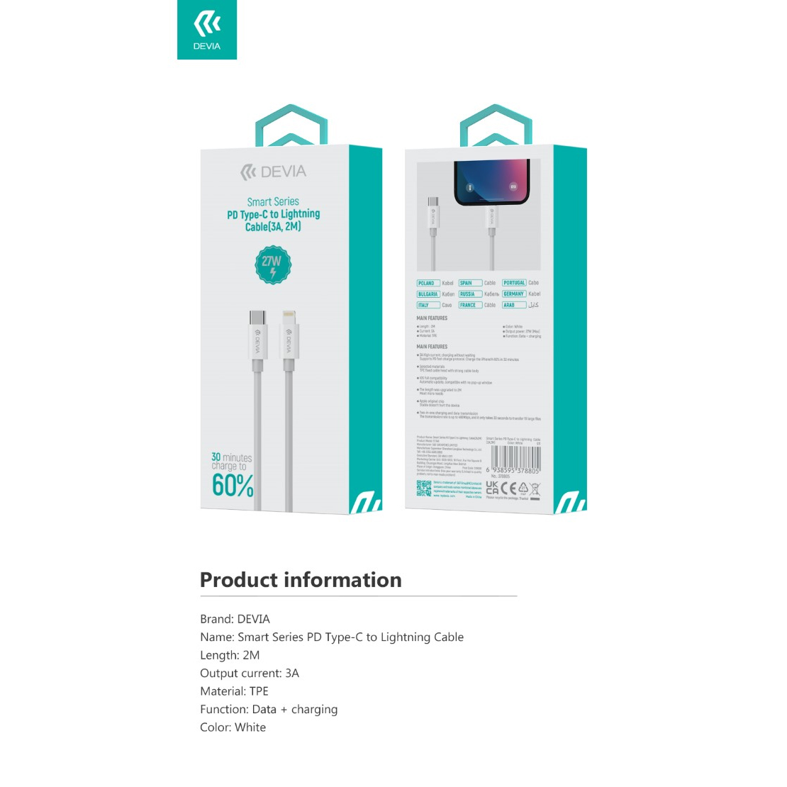 CAVO DATI E CARICA RAPIDA DEVIA PD 27W Type-C - Lightning 2MT IN NYLON (3A) APPLE IPHONE E IPAD