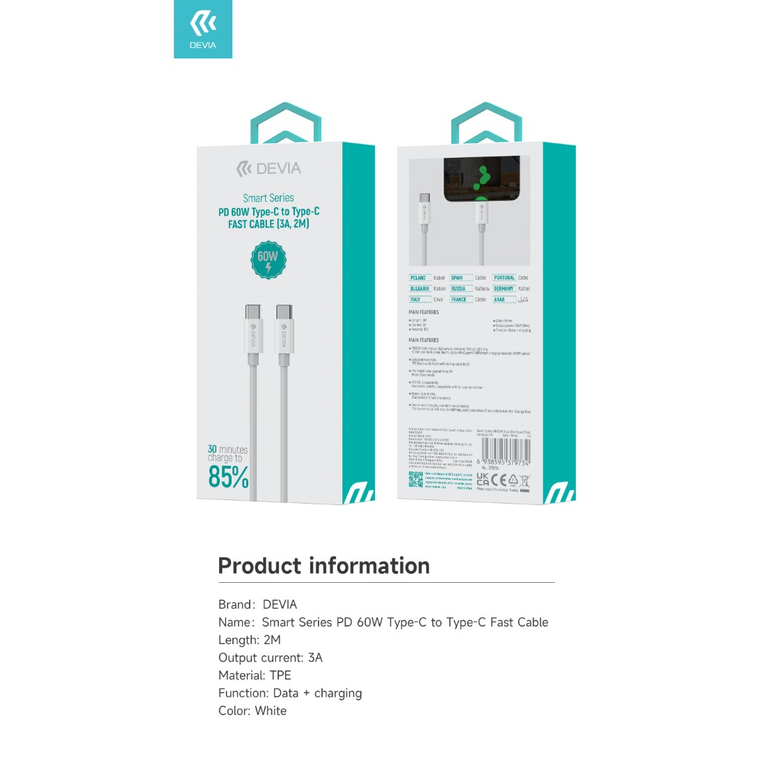 CAVO DATI E CARICA IN NYLON SUPER RAPIDO DEVIA PD 60W 3A Type-C -  Type-C 2MT (A)