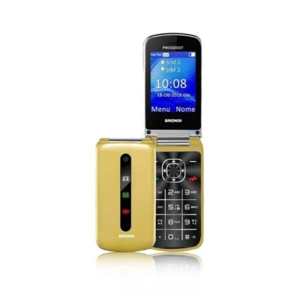 TELFONO CELLULARE BRONDI PRESIDENT DISPLAY CON FLIP ATTIVO GSM DUAL-SIM DISPLAY MAXI 3" Fotocamera 1.3 Mp COLORE ORO