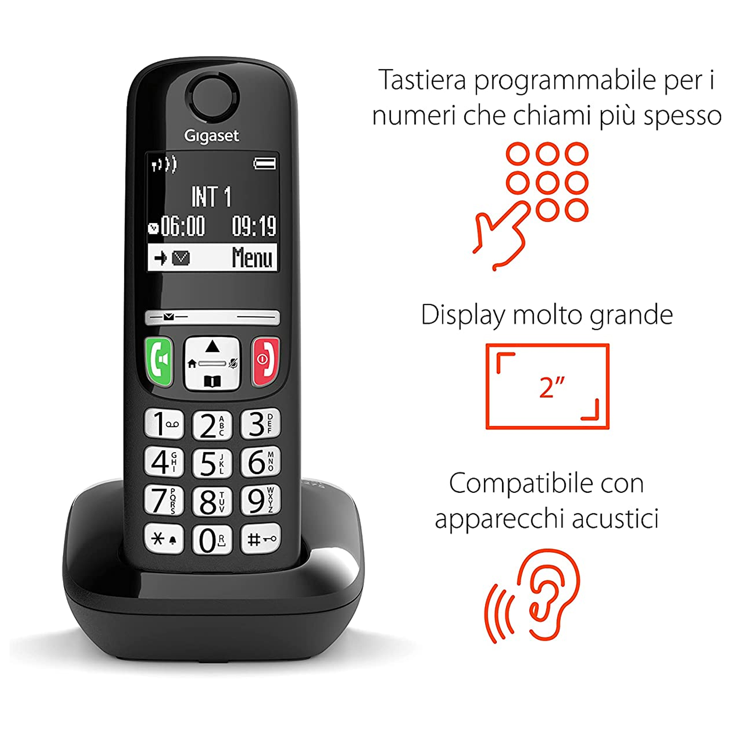 CORDLESS GIGASET E270 SENIOR - VIVAVOCE - TASTI GRANDI - RUBRICA 100 NUMERI COLORE NERO