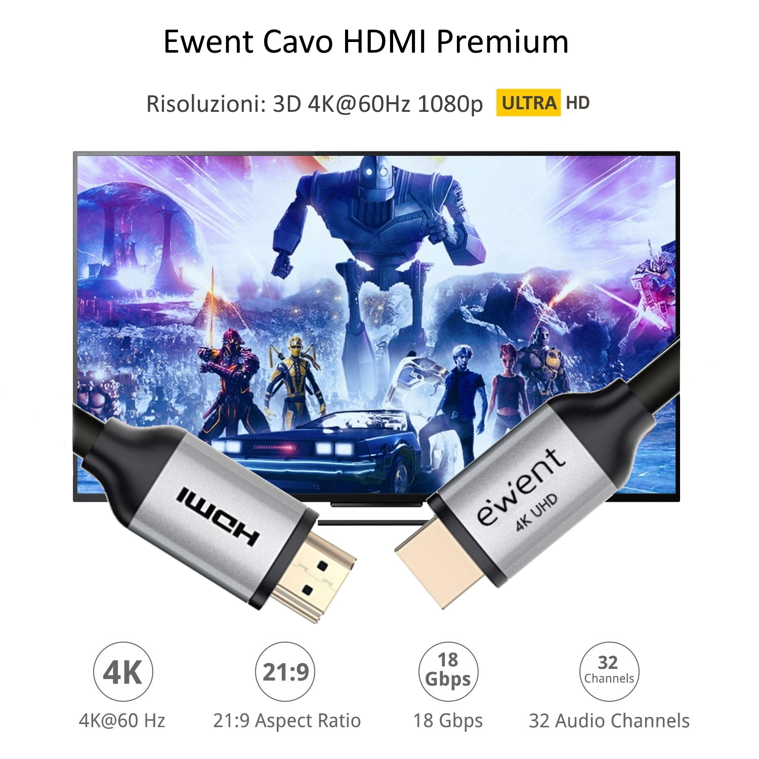 CAVO HDMI EWENT PREMIUM High Speed 2.0 CONNETTORI GOLD 4K CON ETHERNET 3.0 MT