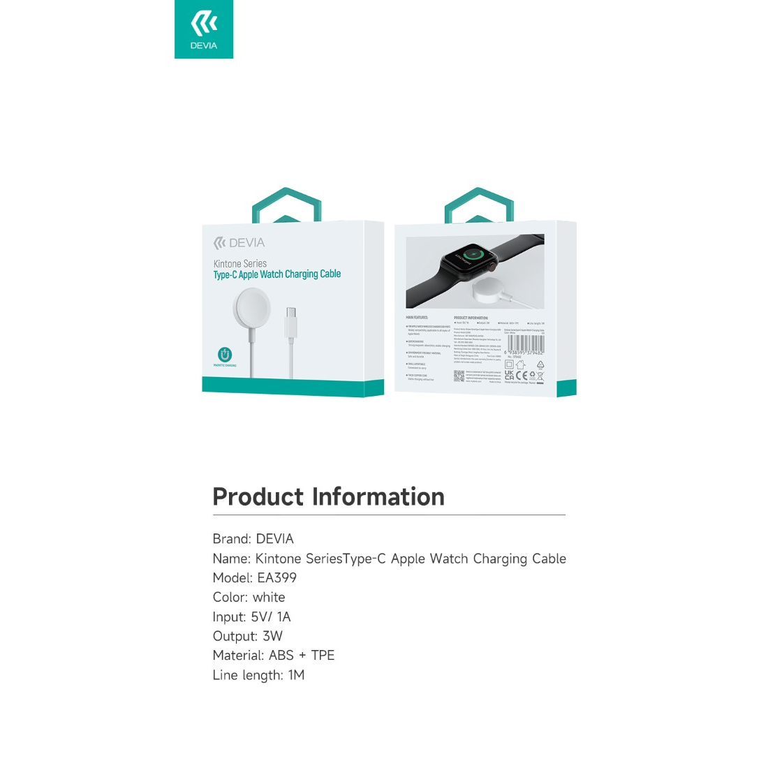 CAVO DI RICARICA BATTERIA MAGNEICO DEVIA SERIE KINTONE EA399 PER APPLE WATCH CONNETTORE TYPE-C (3 WATT)