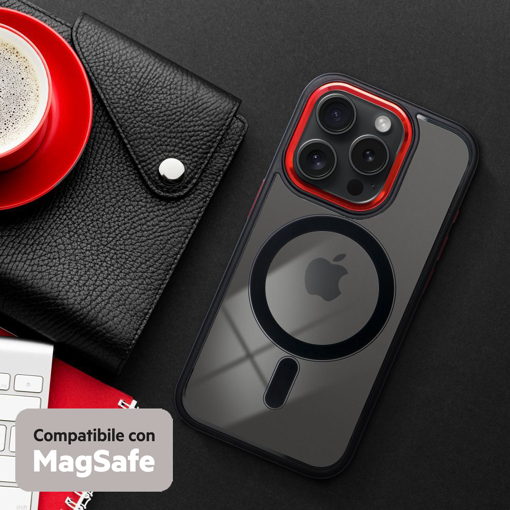 COLOR EDGE MAG COVER TRASPARENTE PROTEZIONE FOTOCAMERA E BORDI ( NERO, ROSSO ) PER iPhone 15
