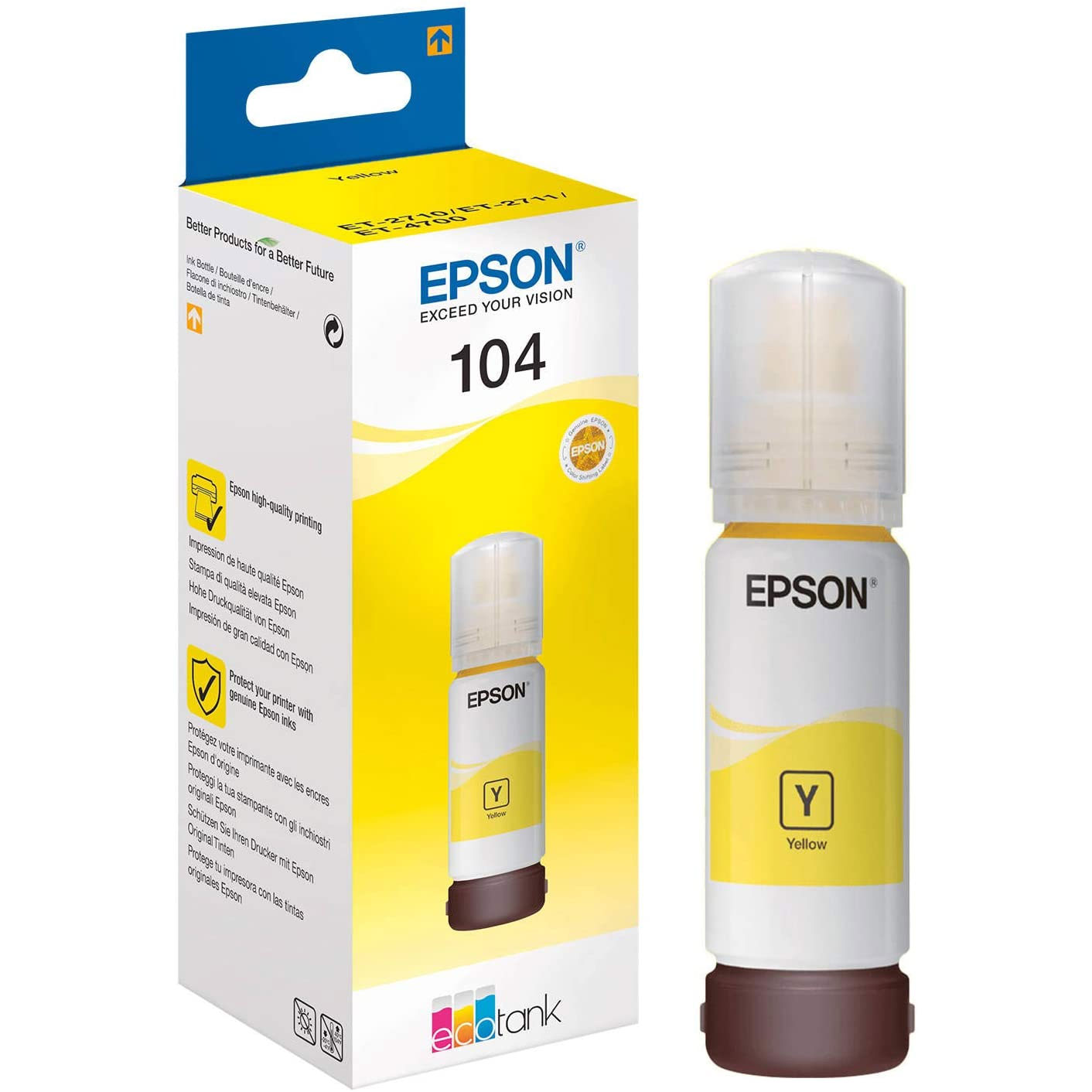 FLACONE DI INCHIOSTRO EPSON 104 ECOTANK C13T00P440 GIALLO ORIGINALE 65ml ET-2710, ET-2711, ET-2712, ET-2714, ET-2715, ET-2720, ET-2721, ET-2726, ET-4700
