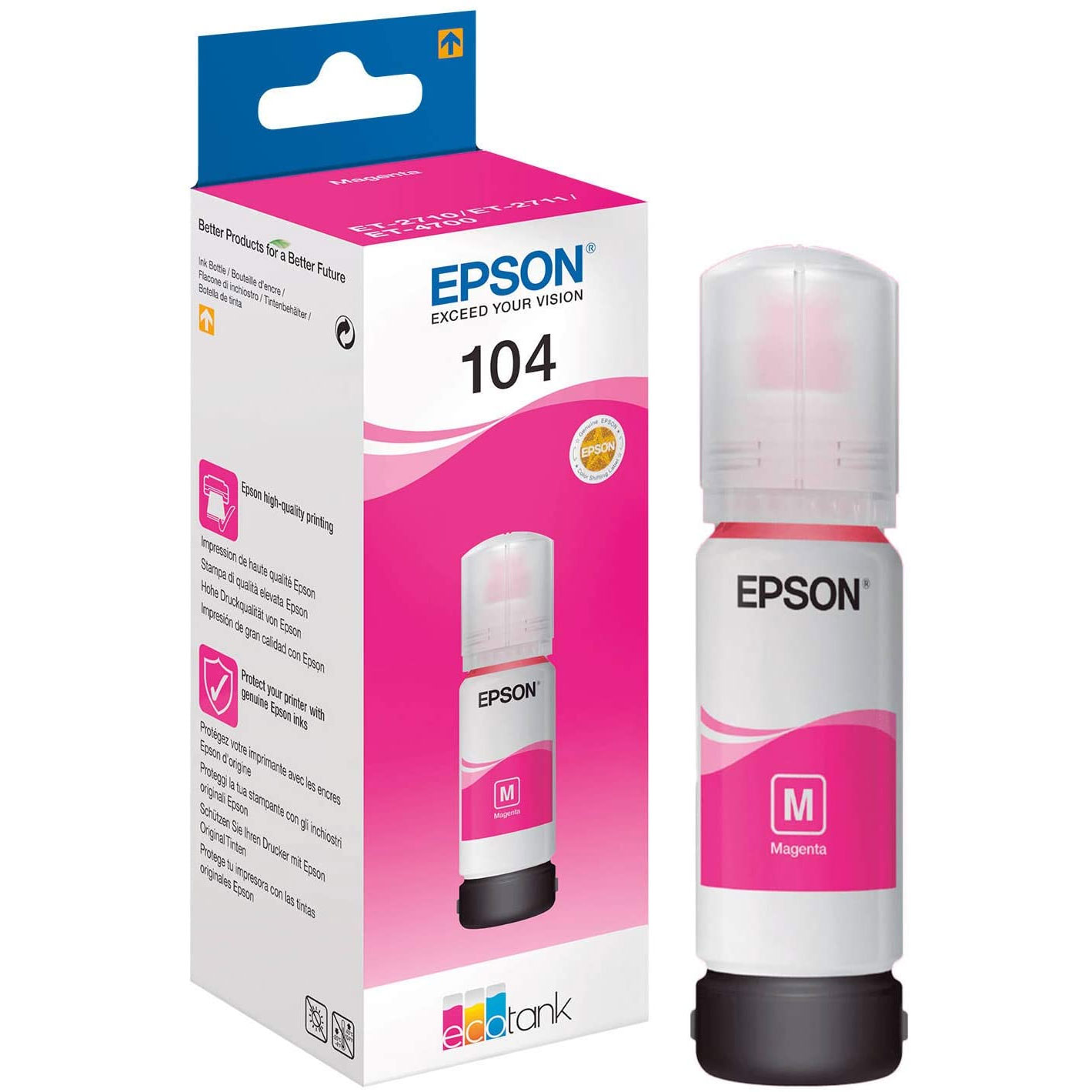 FLACONE DI INCHIOSTRO EPSON 104 ECOTANK C13T00P340 MAGENTA ORIGINALE 65ml ET-2710, ET-2711, ET-2712, ET-2714, ET-2715, ET-2720, ET-2721, ET-2726, ET-4700
