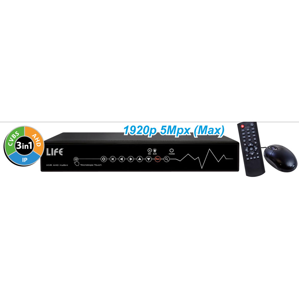 VIDEOREGISTRATORE HVR H264 PENTAPLEX MULTITECNOLOGIA CONFIGURABILE 8CH-AHD(UTC)/16CH-IP 1080P, 4CH-IP 5Mpx HDMI,AUDIO,DDNS, 2 x HDD NON INCLUSO