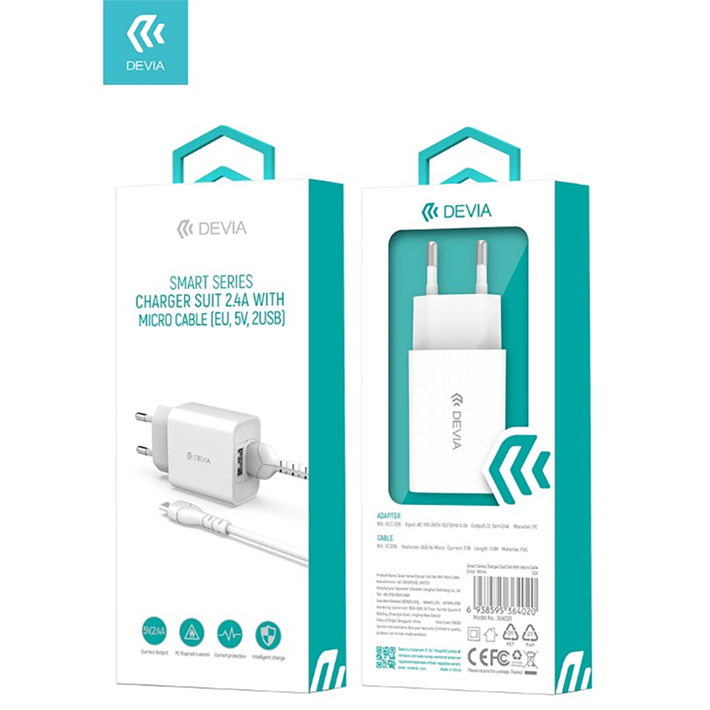 KIT DEVIA DESC21A020W CARICABATTERIE 2.4A (12W) FAST CHARGE 2USB + CAVO DATI 1MT ANDROID "Micro USB" COLORE BIANCO