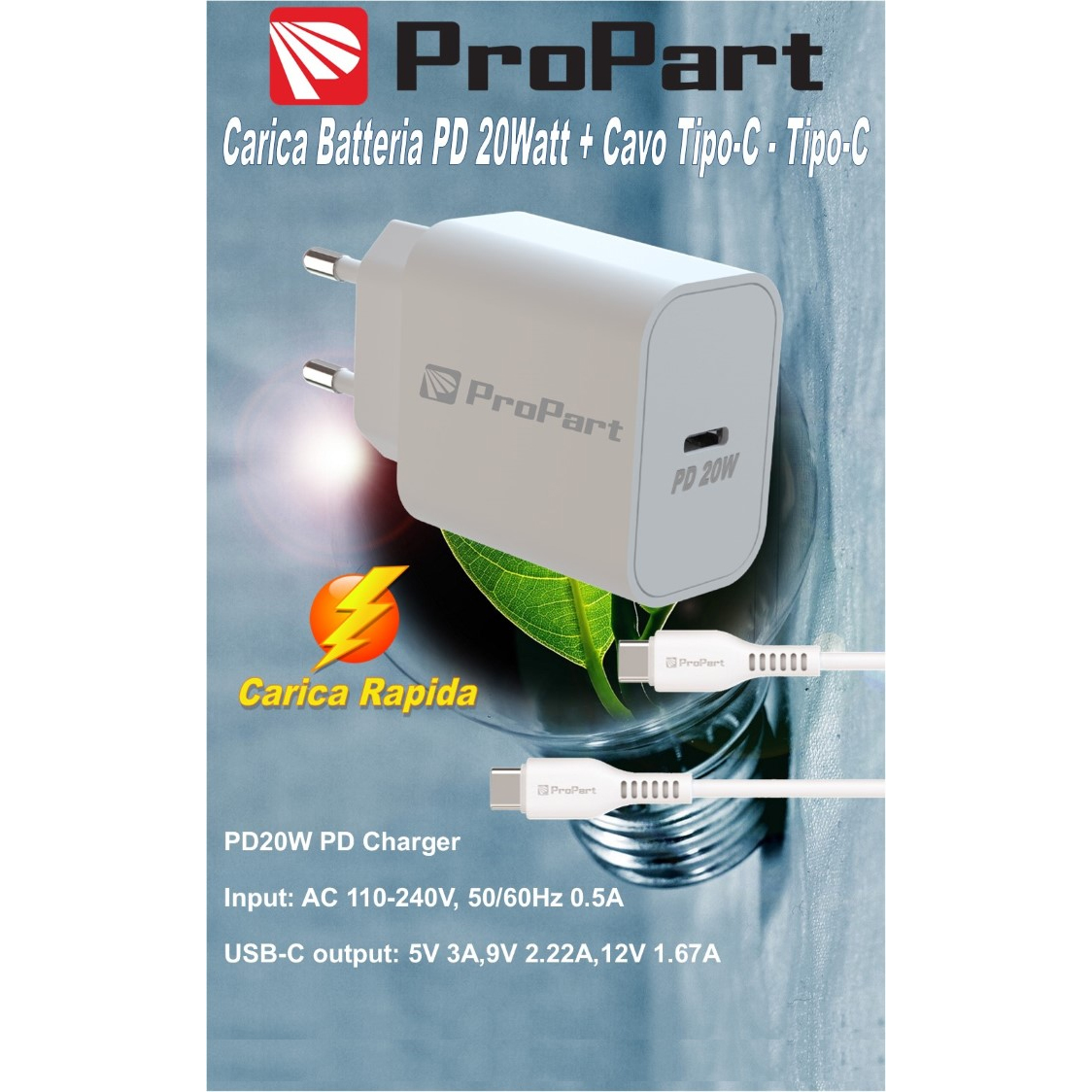 KIT PROPART PP693CC20W CARICABATTERIE RAPIDO PD (5V - 3A - 20W) Type-C + CAVO DATI 1.5MT APPLE "Type-C - Type-C" COLORE BIANCO