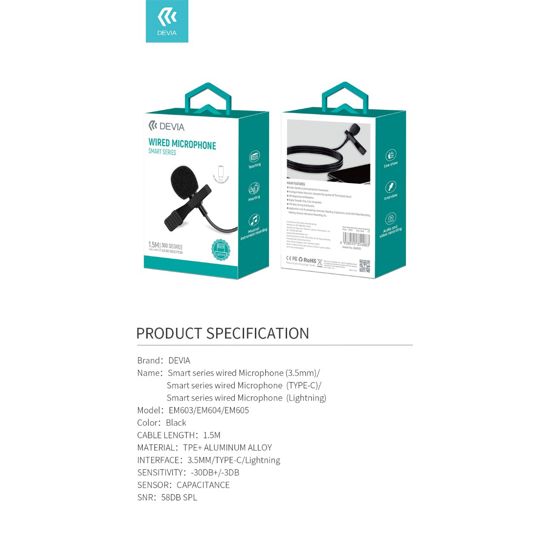 MICROFONO PER SAMRTPHONE A FILO CON CONNETTORE LIGHTNING APPLE