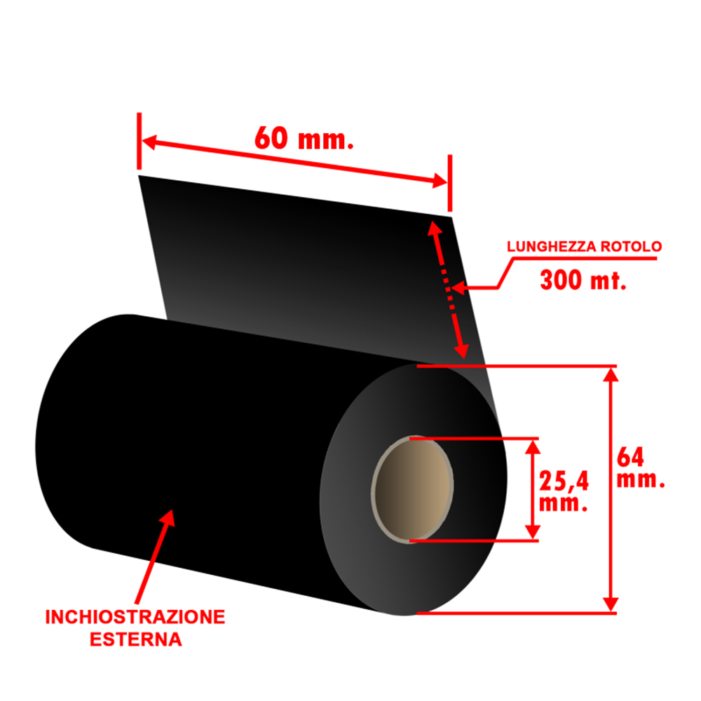 RIBBON CERA/RESINA NERO "Nastro Carbografico" 60mm x 300 mt AN.25 INCHIOSTRAZIONE "OUT" (esterno)