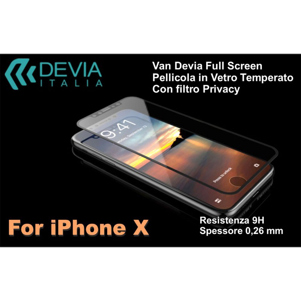 DEVIA PELLICOLA IN VETRO TEMPERATO FULL SCREEN PRIVACY 9H 0.26mm PER SMATHPHONE APPLE IPHONE X