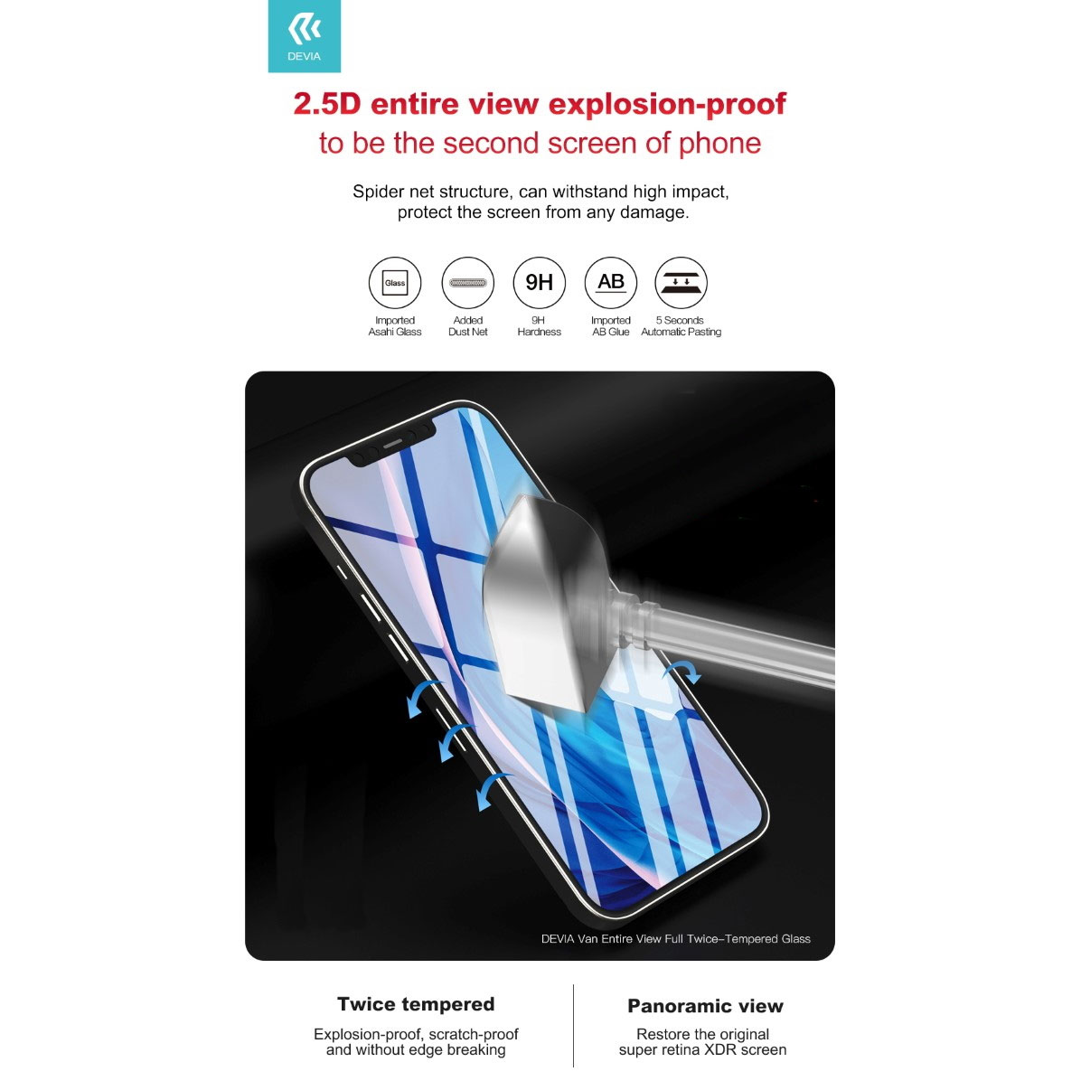 DEVIA PELLICOLA IN VETRO TEMPERATO 9H FULL SCREEN 2.5D 0.18mm 6.1" PER SMATHPHONE APPLE IPHONE 12 / IPHONE 12 Pro